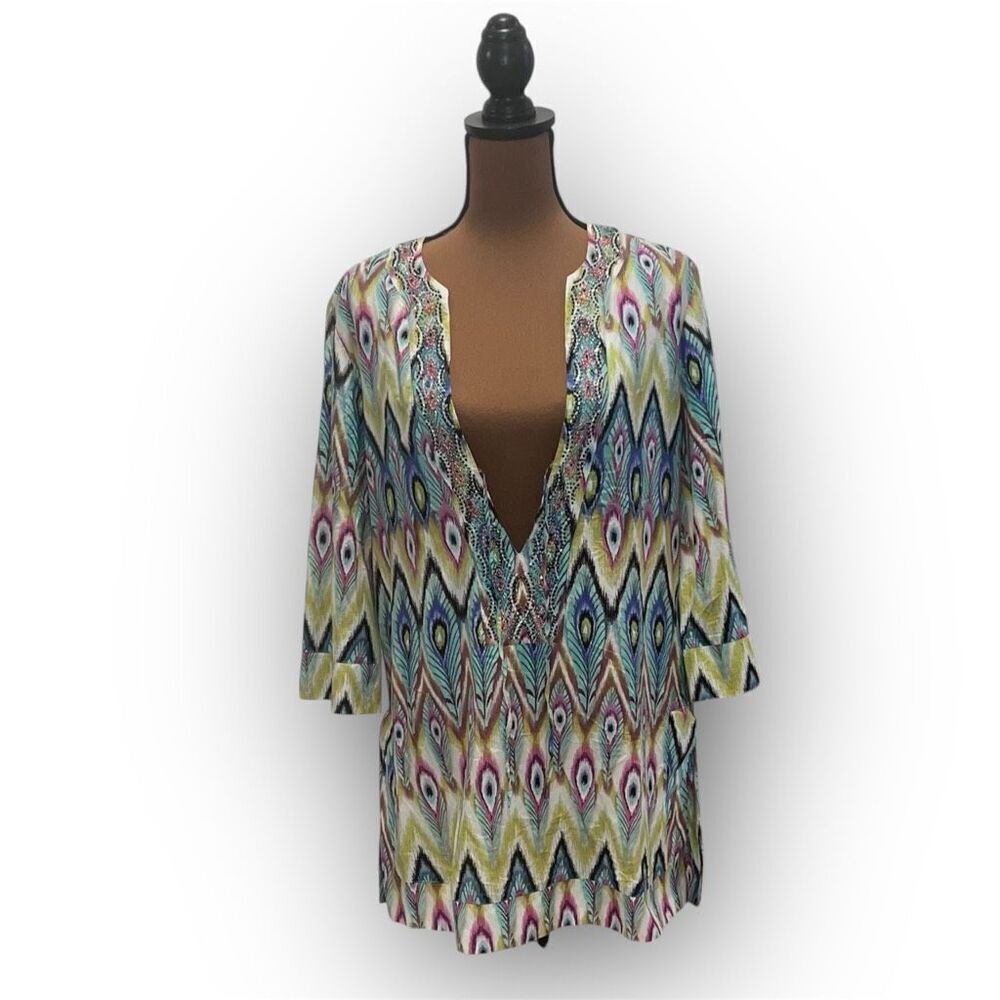 Vix by Paula Hermanny Beaded Kaftan Swim Cover Up Top Sheer Blouse, Women’s M